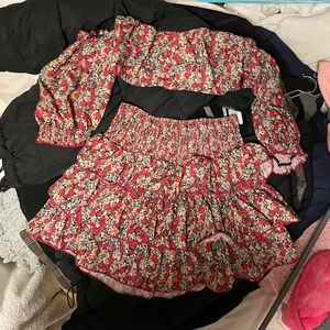 Red Floral Top and Skirt Set